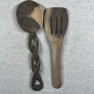 Vtg Olive Wood Twisted Handle Salad Servers Utensils Carved Spork & Spoon Tongs